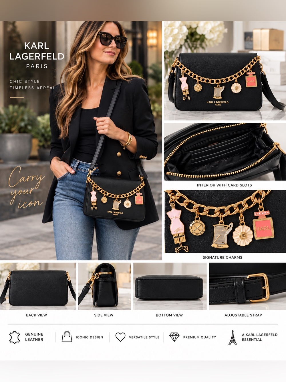 NWT Karl Lagerfeld Lourdes Leather Charm Crossbody Bag Black